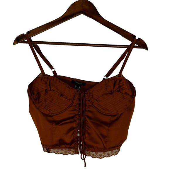 Forever 21 NWT Woven Top Cami M Satin Toffee Corset Lace Spaghetti Lingerie - Picture 1 of 8